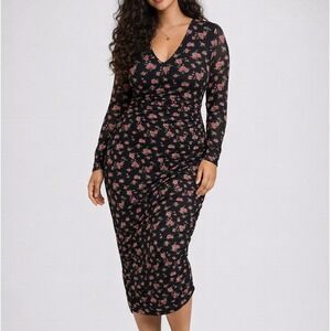 11 Honore Ruched Midi Dress Size 2X Black Pink Floral Mesh Bodycon Feminine
